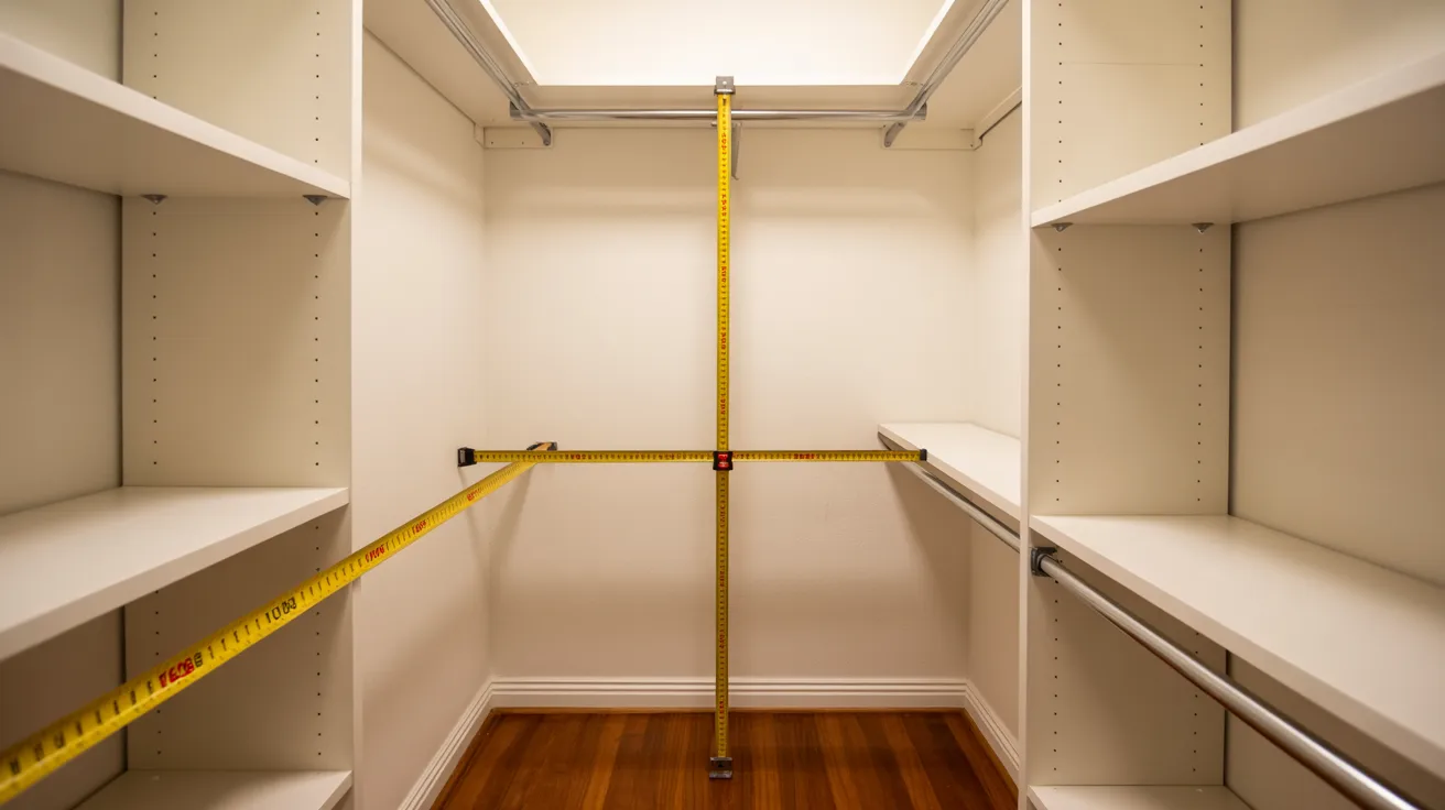 Closet interior with measuring tape along height width and depth showing accurate measurement before installing shelves.