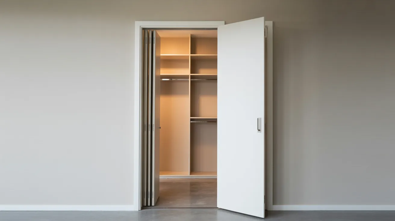 Pocket closet door hidden inside wall cavity leaving clean open doorway without visible door panels in small space.