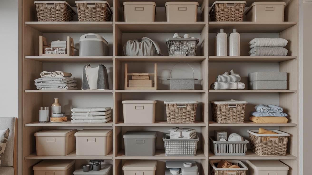 Wall of uniform cubby shelves with 10-14 inch height clearance, holding baskets, bins, and folded linens.