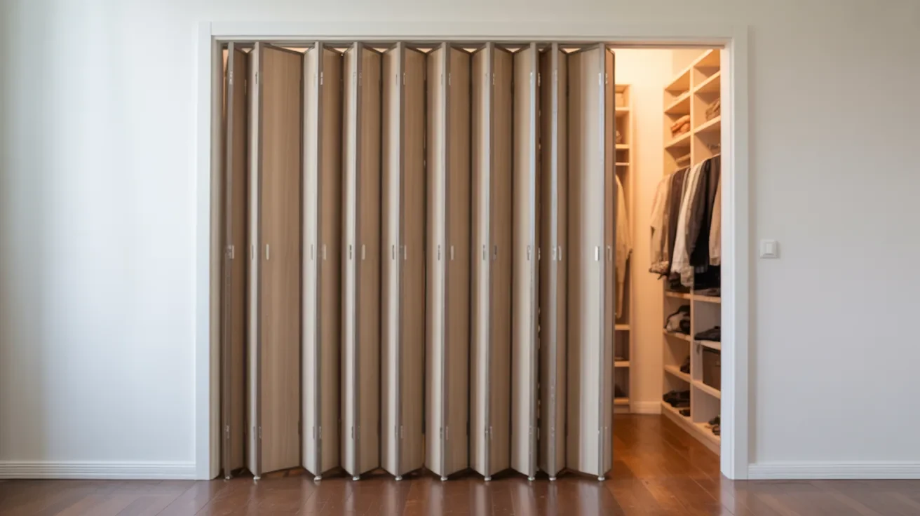 Accordion closet doors with narrow panels folding together to one side covering wide closet opening.