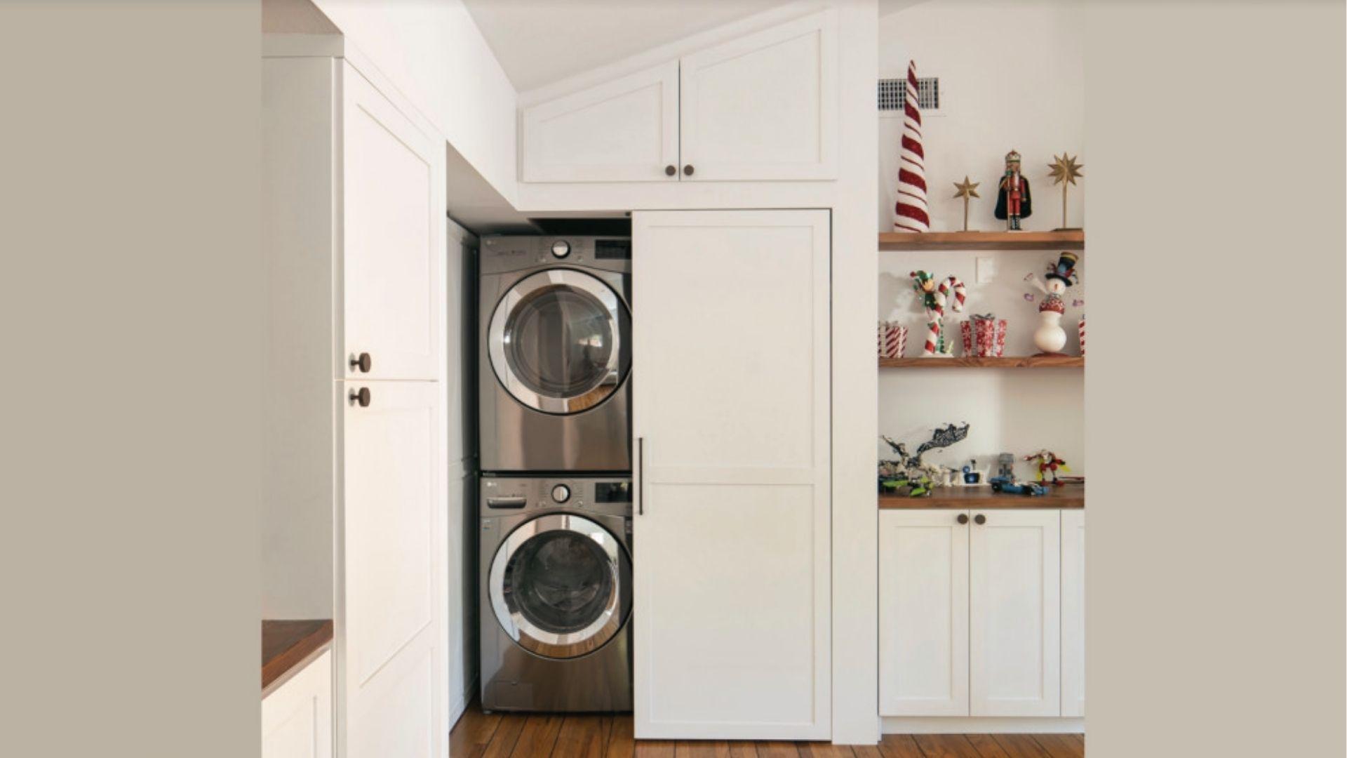 White louvered bifold closet doors on laundry nook shown as before upgrade option.