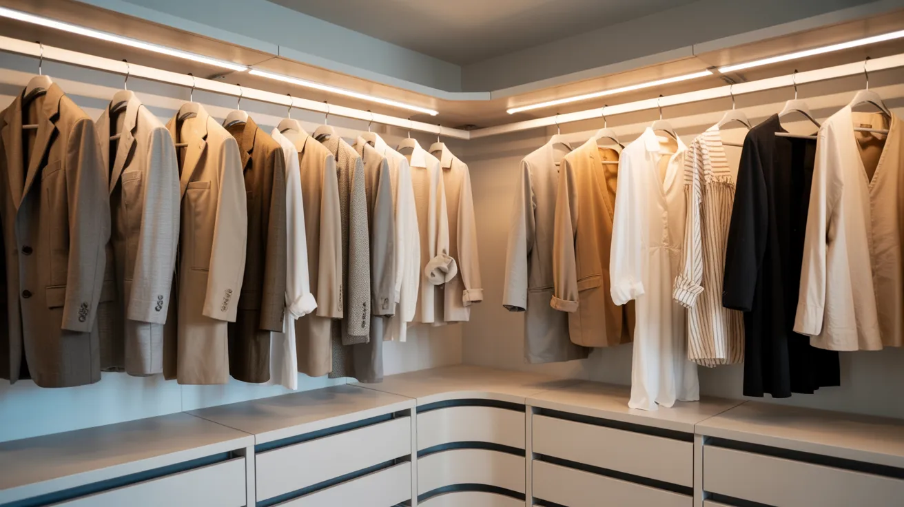 Corner hanging rod in walk-in closet organizing jackets and dresses efficiently around corner space for better clothing accessibility and storage.