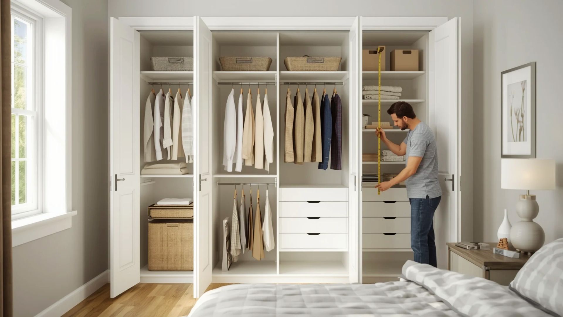 Man using a tape measure inside a white closet with 14-inch deep shelves for folded clothes and 24-inch deep hanging areas.