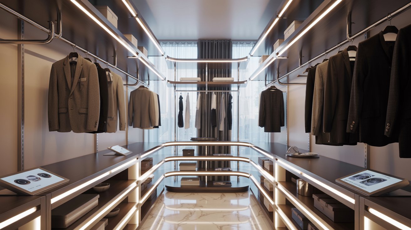 Futuristic smart two-story closet with automated shelving, rotating racks, and sleek luxury storage technology