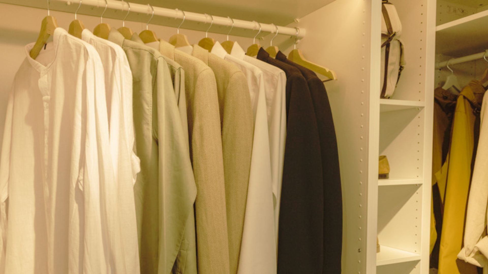 Closet rod installed with roughly 38-42 inches of hanging height for shirts and blouses.
