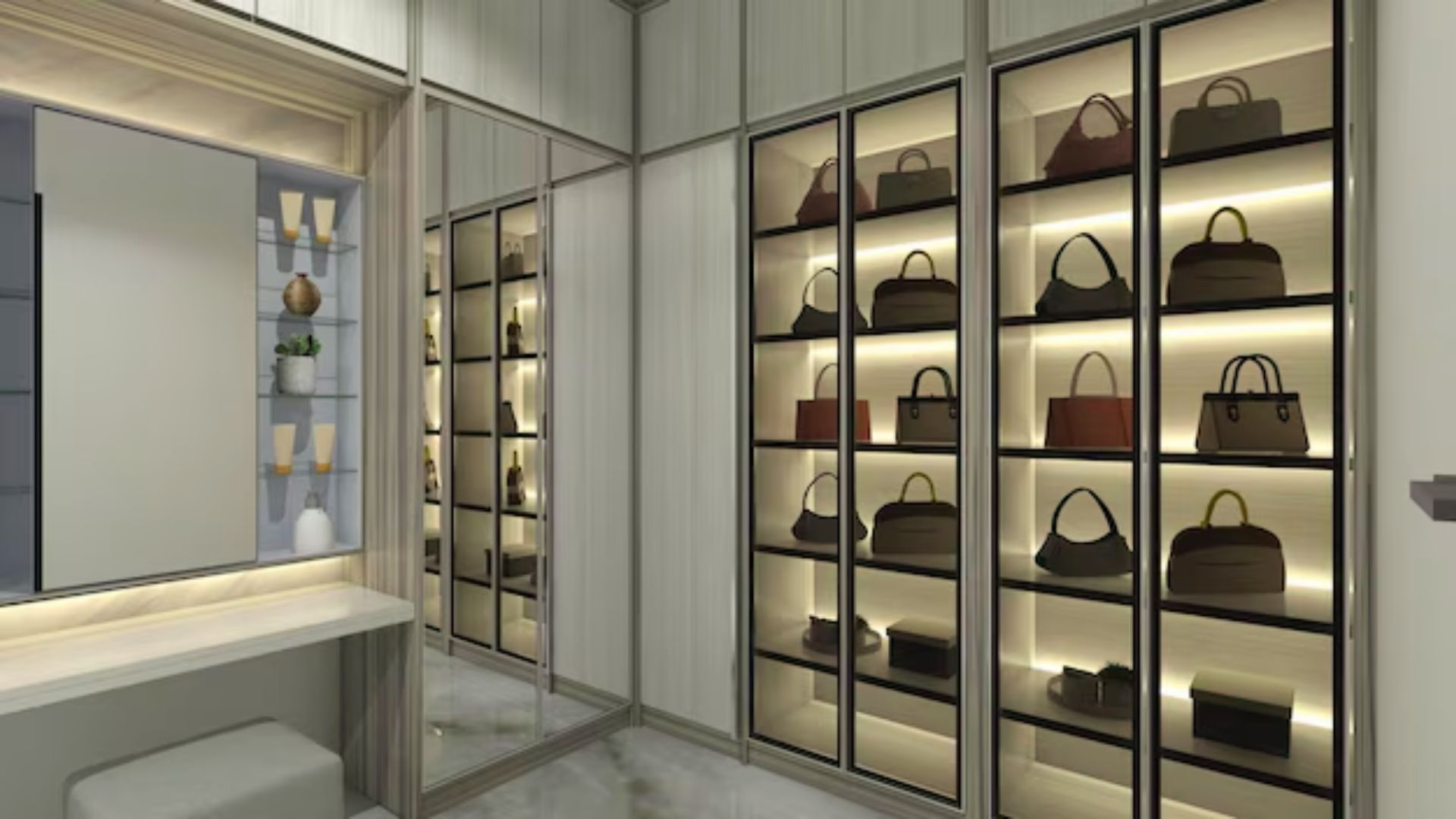 A sleek walk-in closet with glass display cabinets and warm LED lighting showcasing a curated collection of designer handbags.