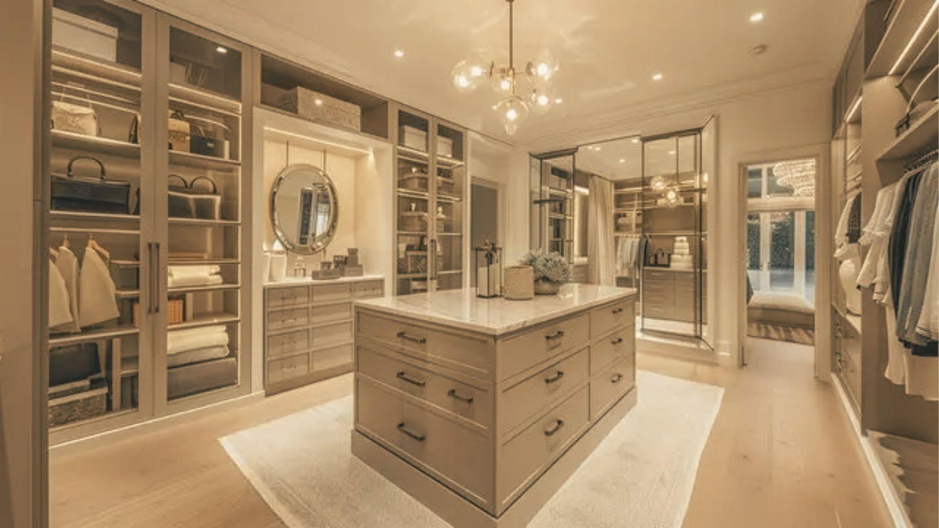 Luxury walk-in closet featuring a central marble-top island, glass-front cabinets, and LED-lit shelving along both walls.
