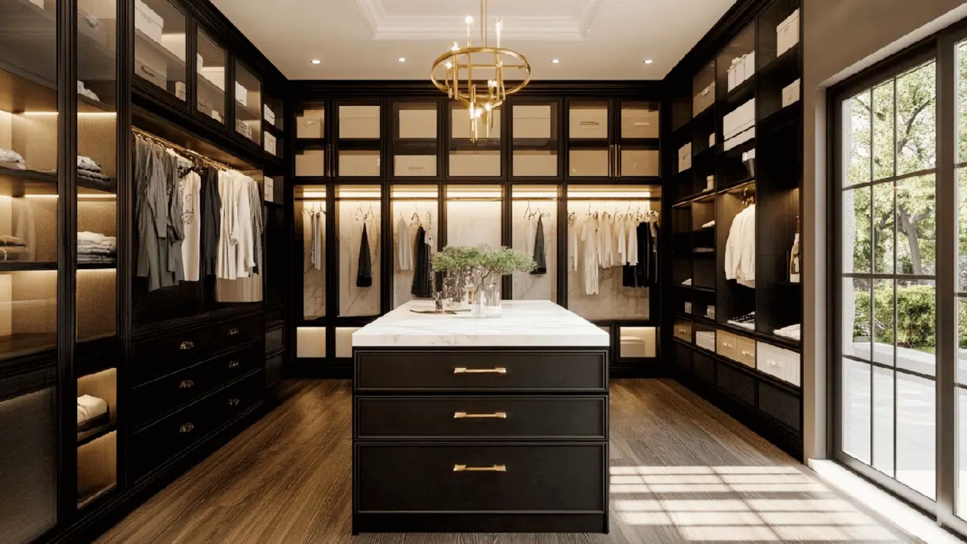 A dramatic walk-in closet with black cabinetry, gold hardware, and glass-front displays illuminated by warm lighting.