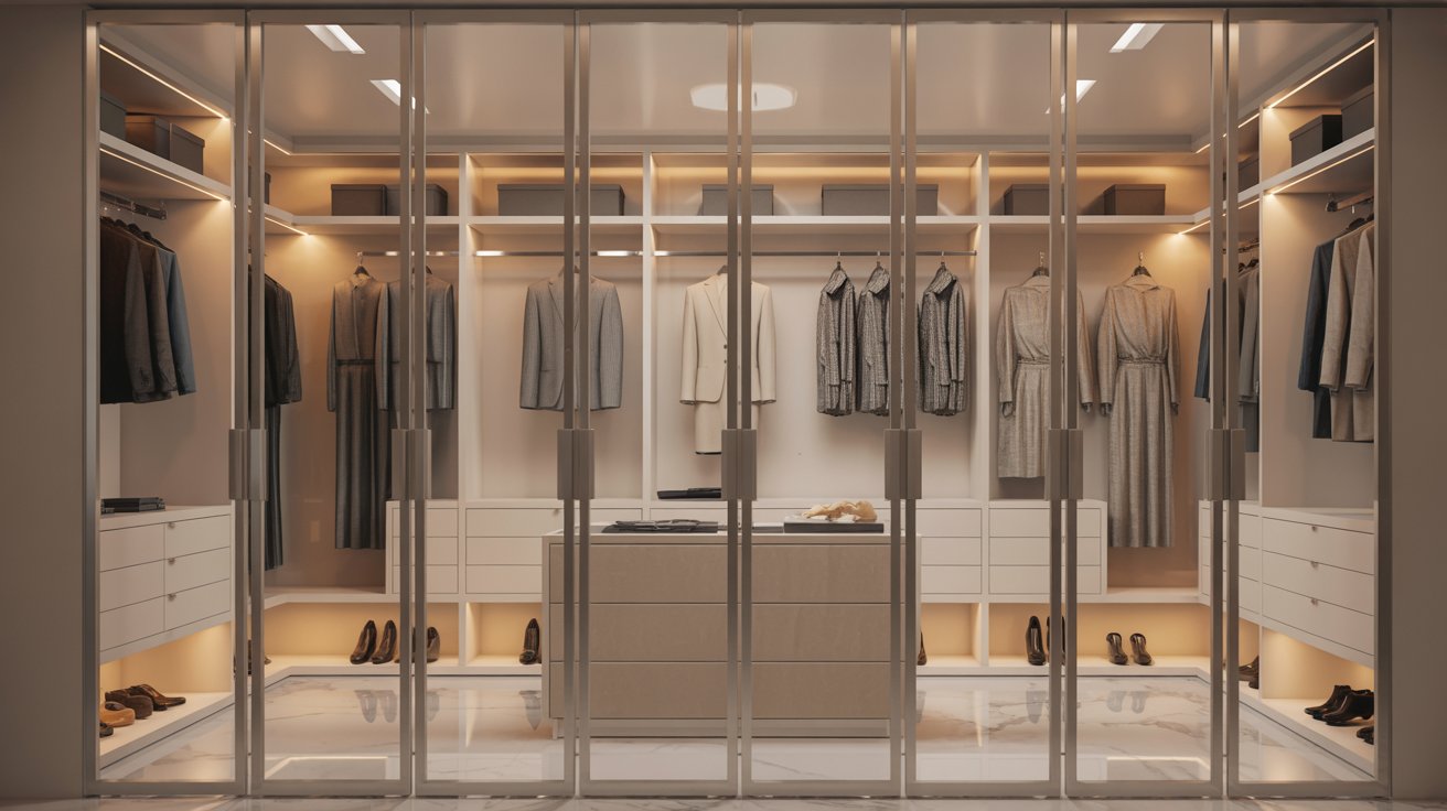 Glass door walk-in closet with elegant organization, luxury lighting, and modern premium interior design.