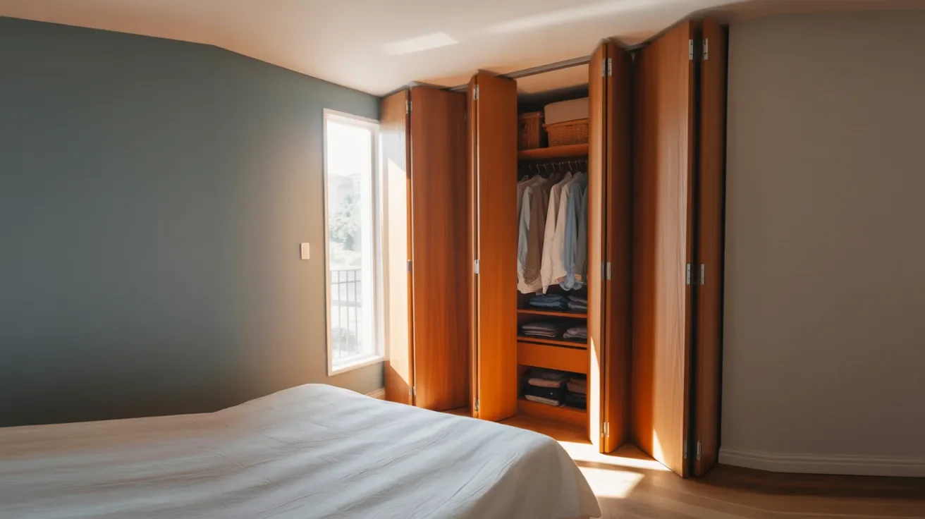 Folding closet doors installed in bedroom wardrobe folding inward on top track in real home interior setting.