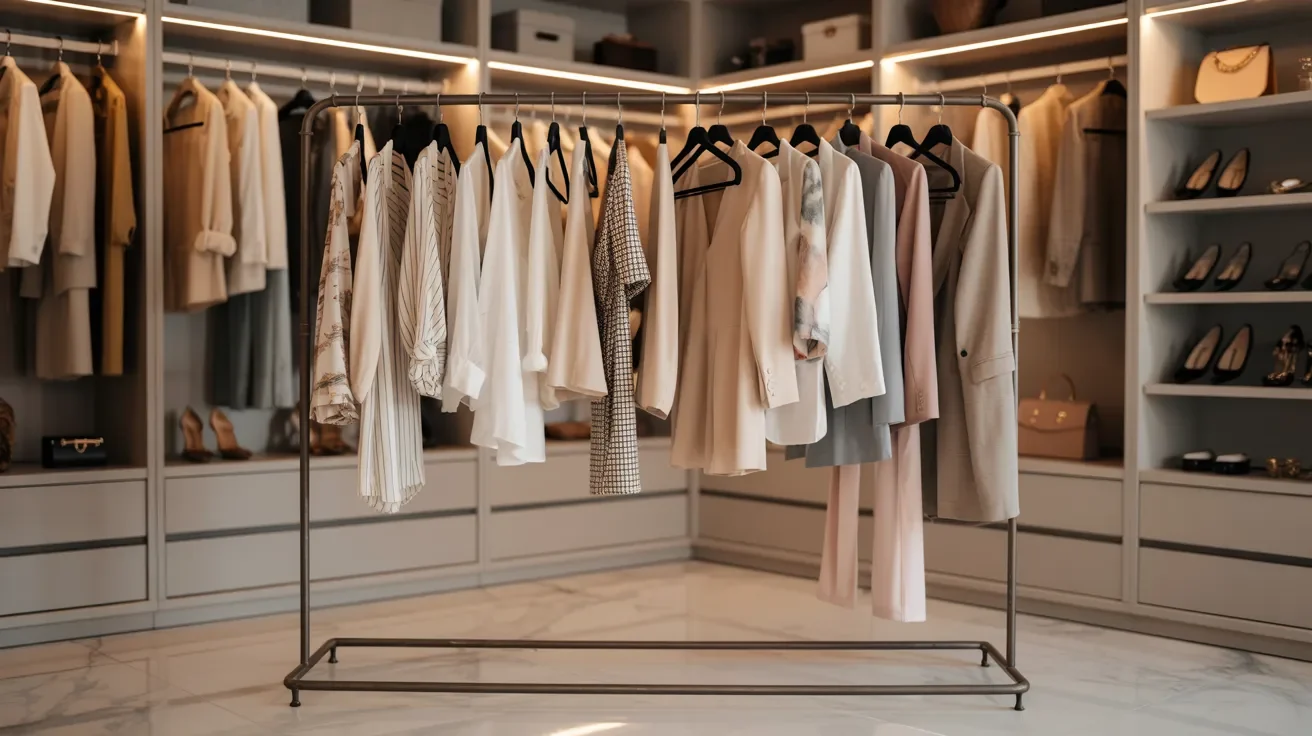Boutique clothing rack in closet corner displaying curated outfits and fashion pieces in stylish, modern, luxury-influenced wardrobe arrangement setup.