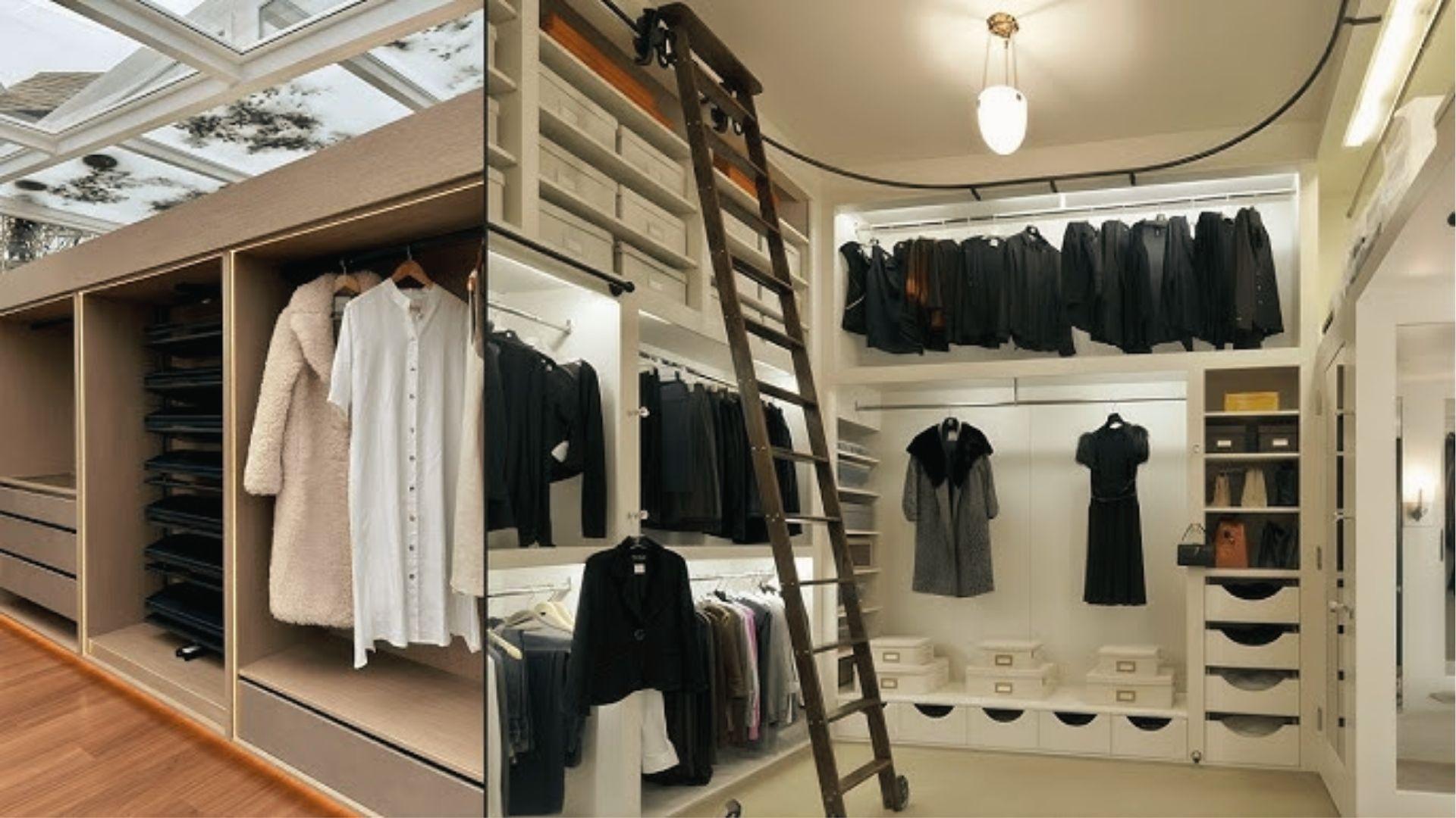 High-ceiling bedroom closet with rolling ladder, storage boxes, and floor-to-ceiling hanging space.