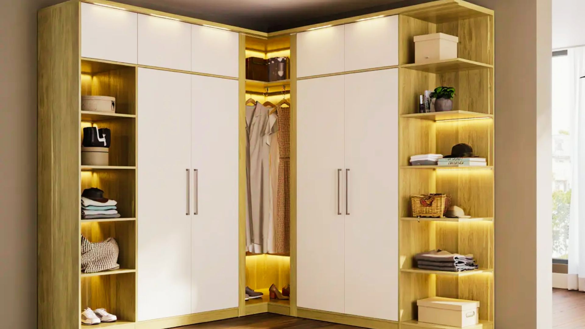 L-shaped wooden wardrobe with white doors, LED shelves, hanging clothes, bags, shoes, and boxes.