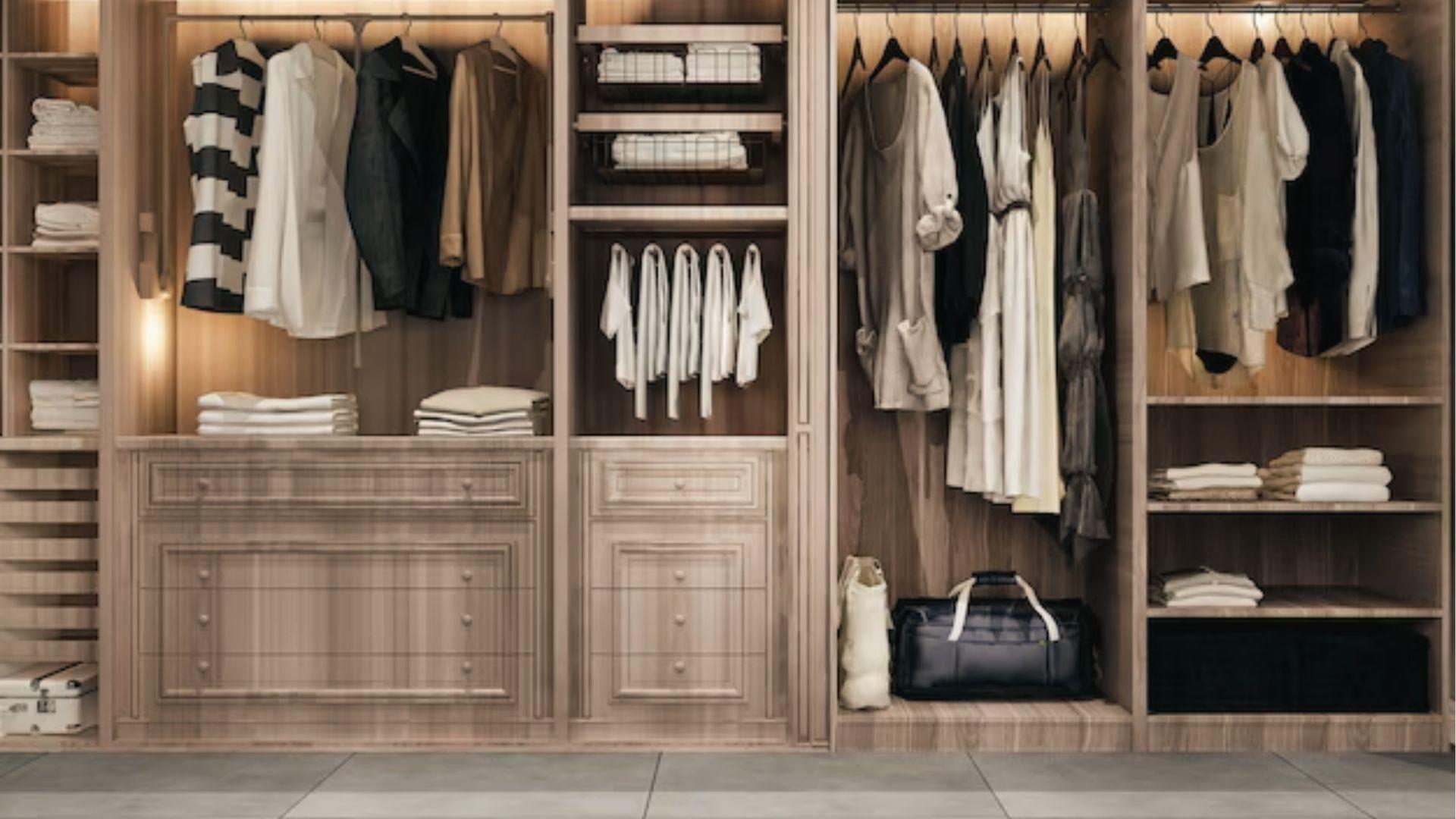 Wooden closet system with deep hanging sections and shelves, ideal 24 inch depth for bulky clothes.