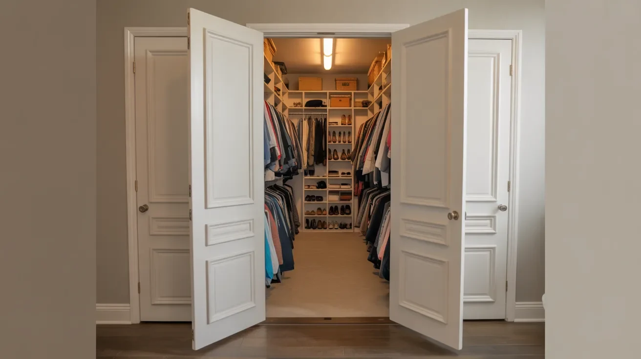 Double closet doors opening from center providing full access to wide wardrobe space in bedroom.