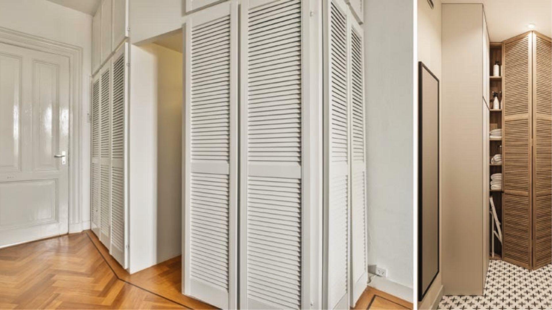 Wood accordion screen hides laundry closet, a flexible alternative to bifold doors.