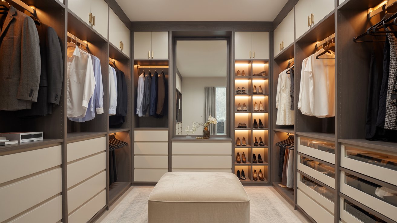 Modern shared walk-in closet with organized storage, elegant lighting, spacious layout, and stylish contemporary interior.