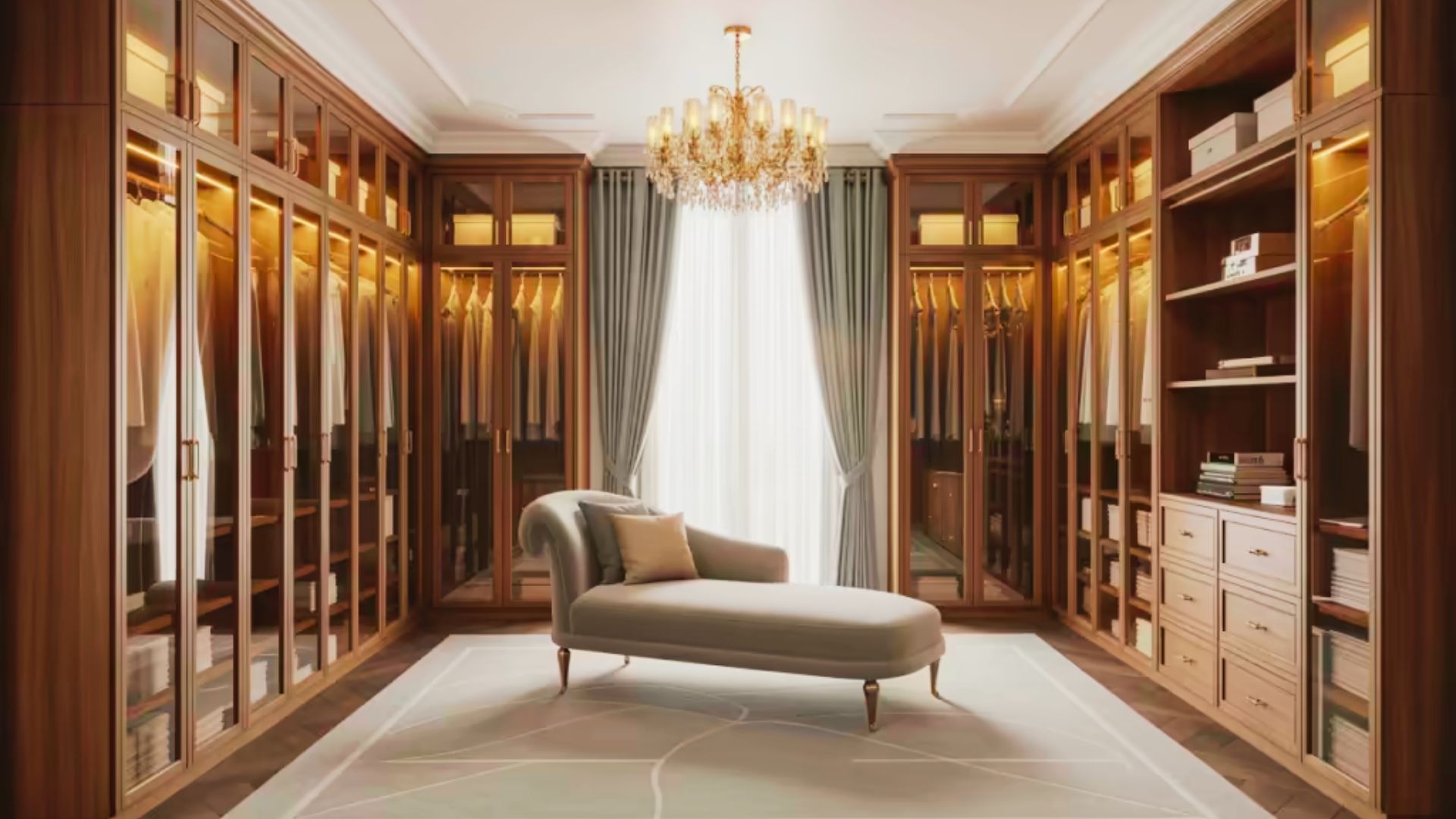 Luxe walk-in closet with wood cabinets, chandelier, chaise lounge, glass doors, and large window.