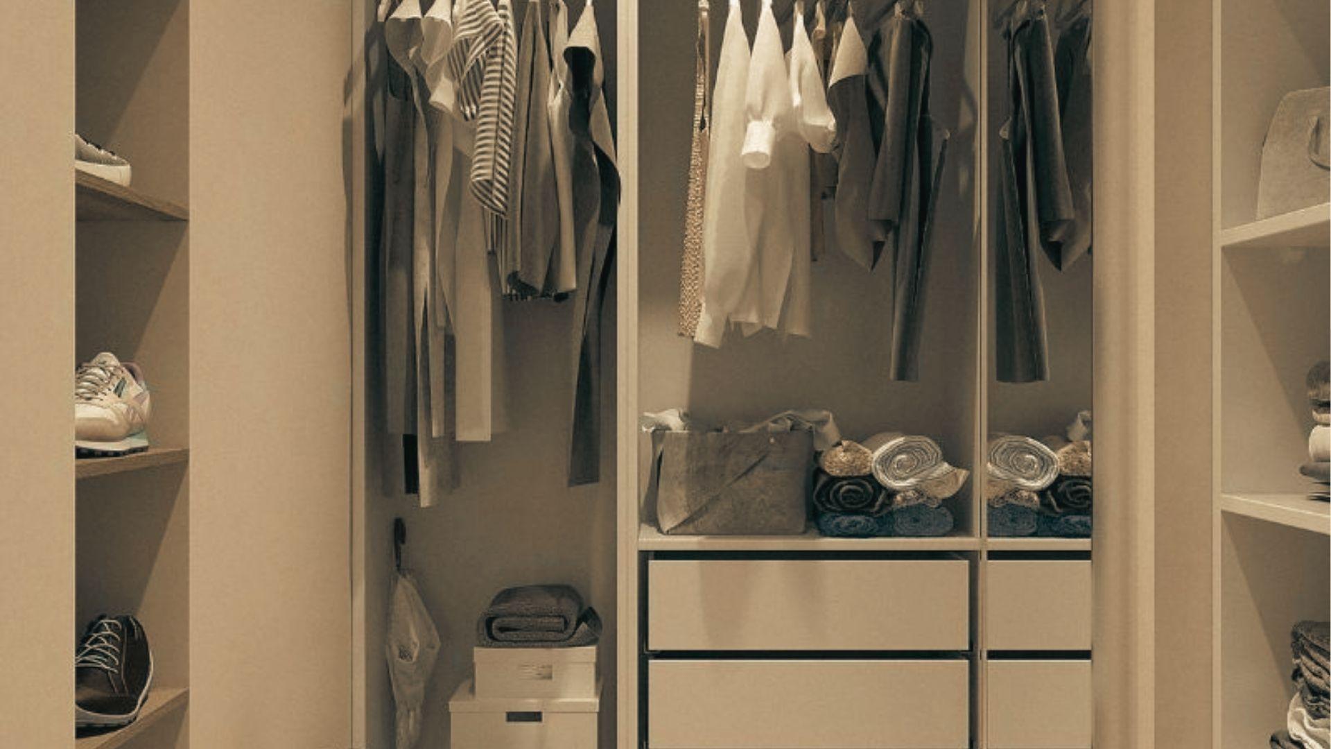 Modern closet system with adjustable shelving showing 12-inch deep shoe shelves on the left.