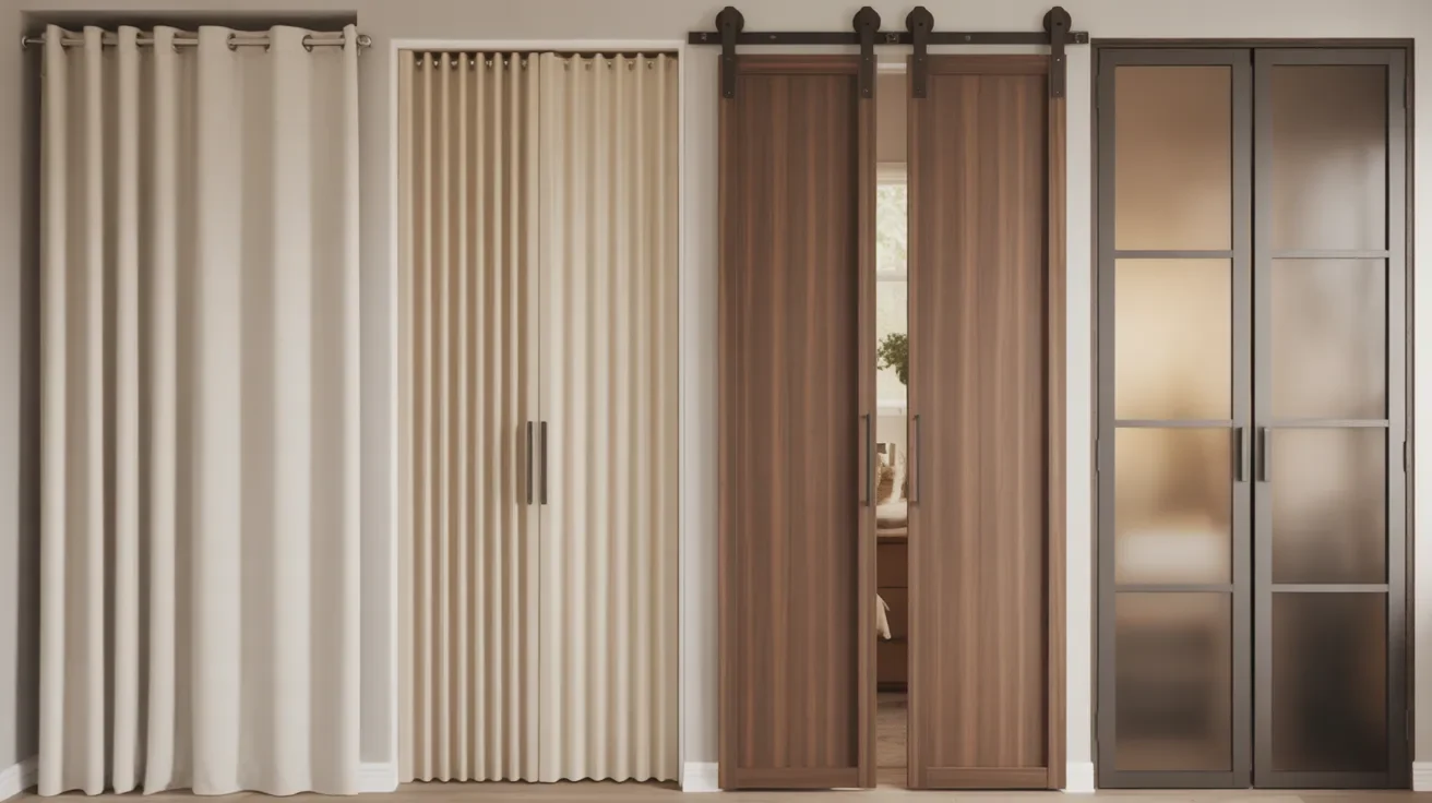 Closet door options from budget curtain covers to premium wood and glass doors showing cost and maintenance differences.