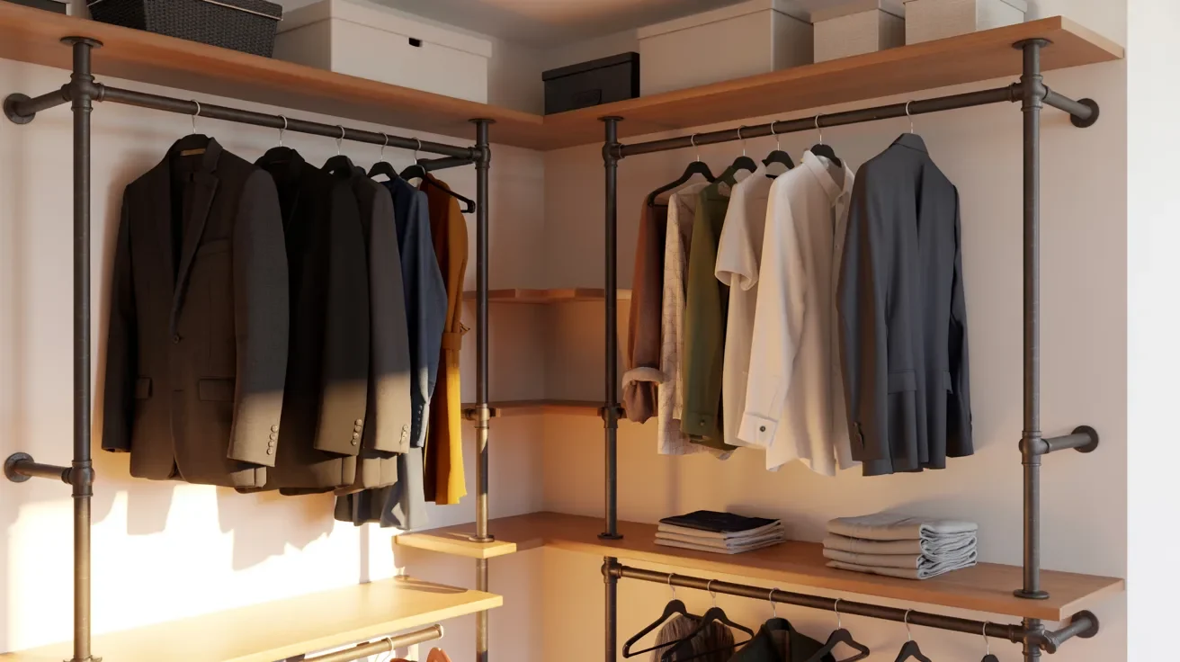 Steel pipe rods in closet corner holding clothes on durable industrial structure combined with wood shelves in modern wardrobe design.