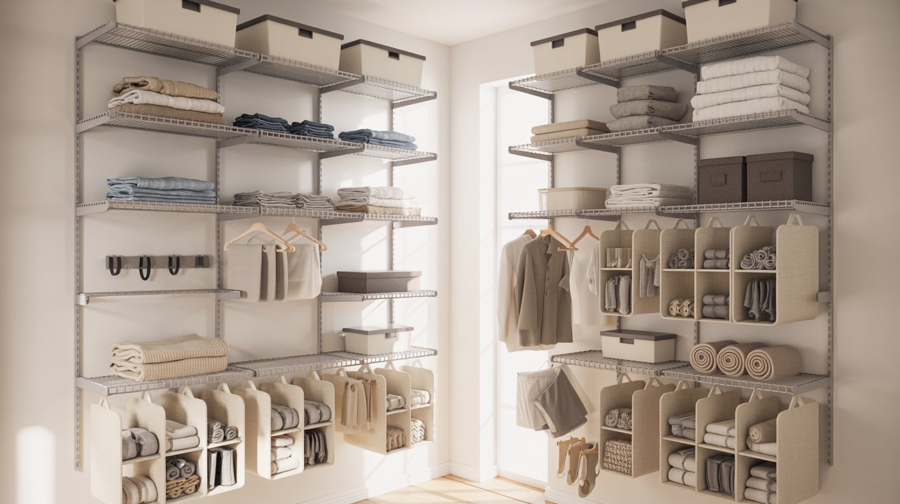 Sunlit walk-in with gray adjustable wire shelving, canvas hanging cubbies, and neatly folded linens.