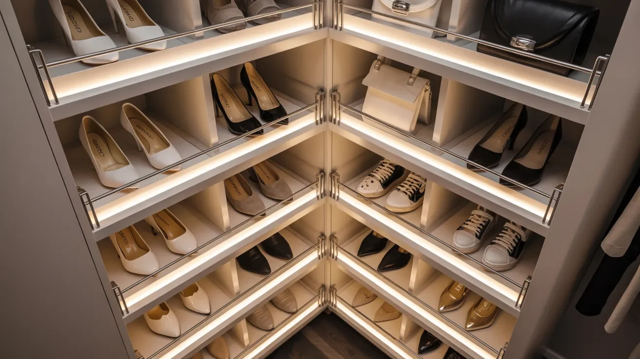 Rotating corner rack in walk-in closet holding shoes and accessories with easy spin access for efficient organized storage functionality system.