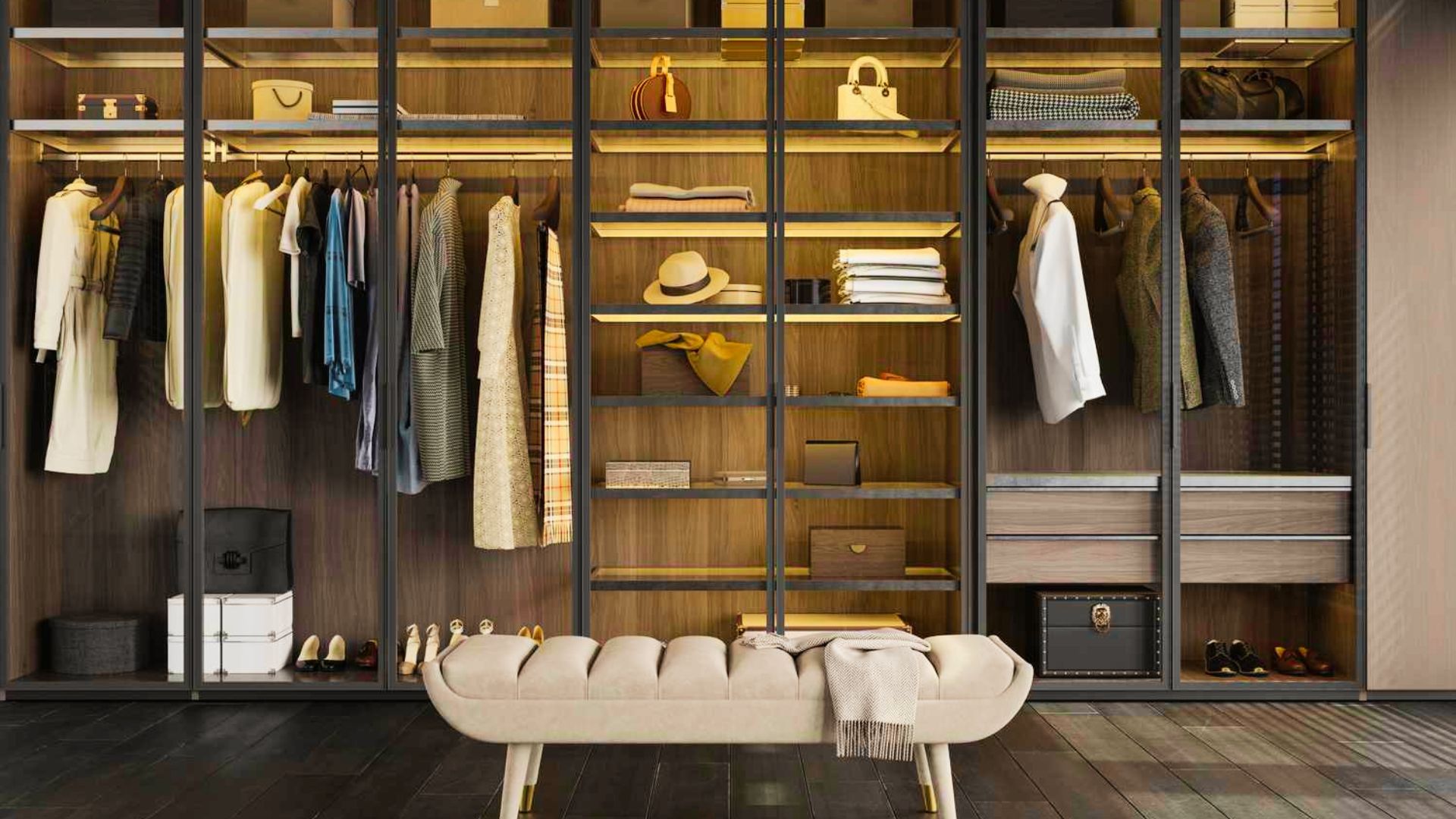 Modern glass-front wardrobe with black frames, LED shelves, hanging clothes, bench, and dark wood.