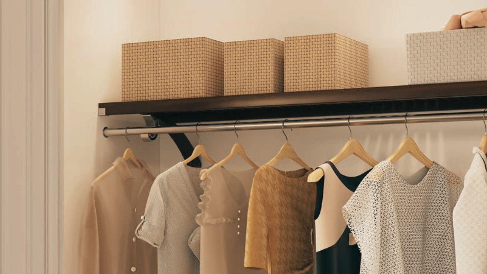 Single hanging rod mounted below a shelf, with 24+ inches of clearance for long hanging clothes.