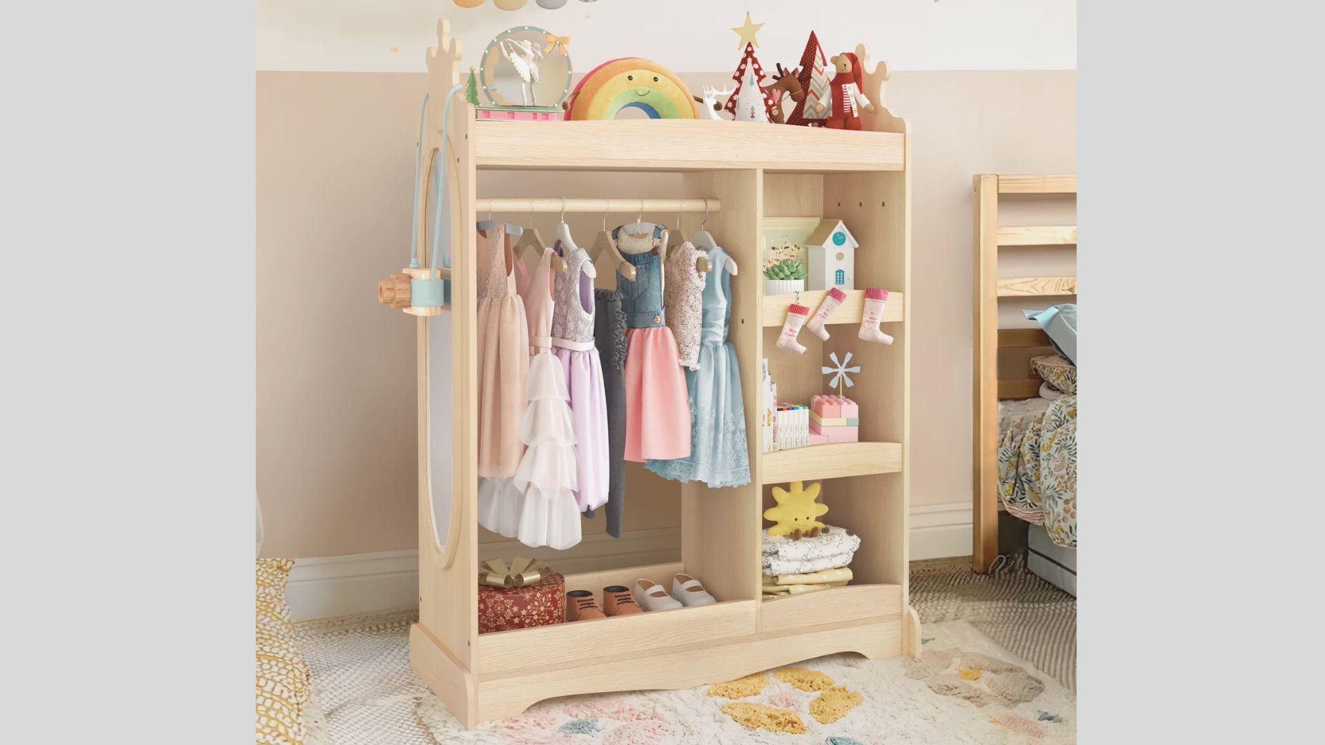 A child-height wooden closet with a low hanging rod for dresses and short shelves on the right.