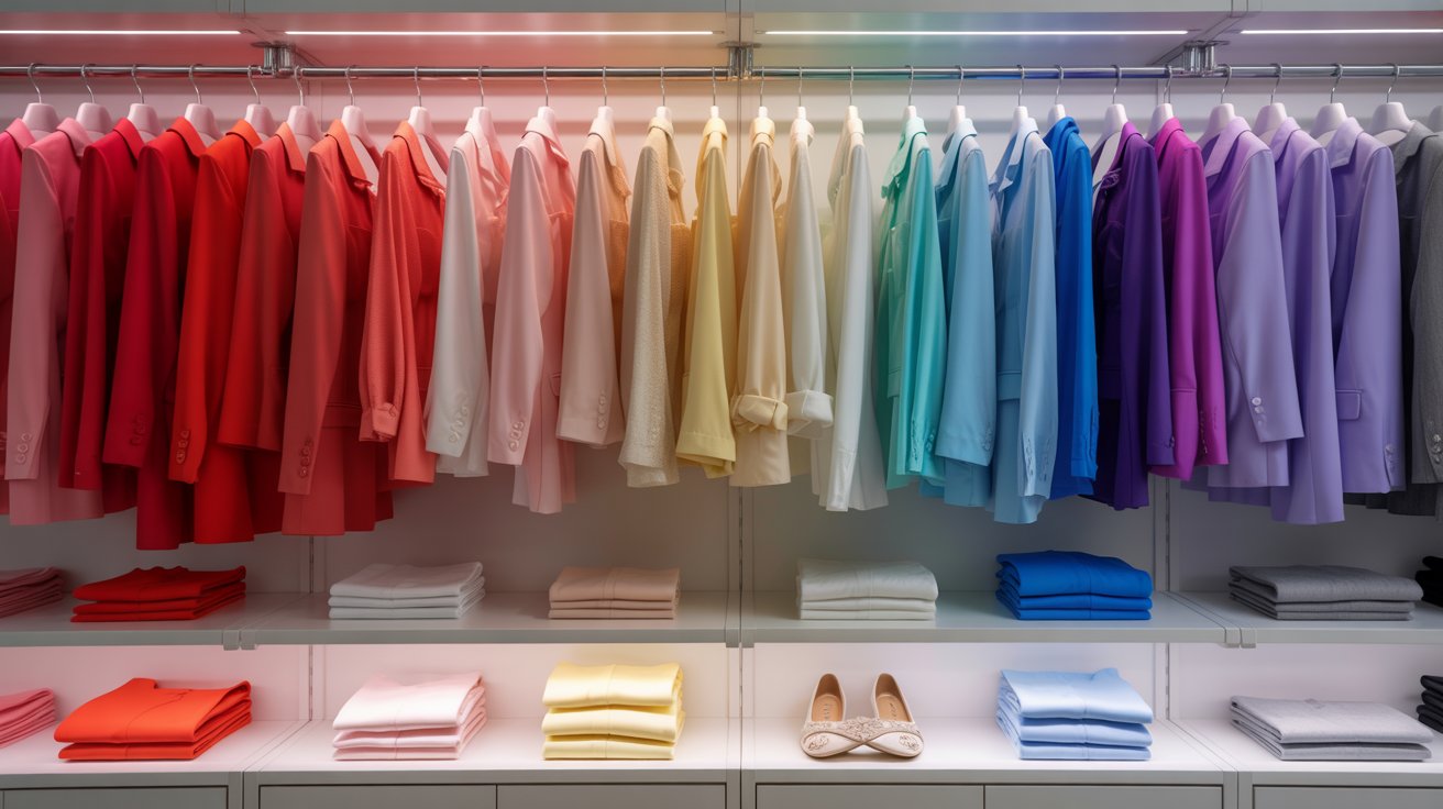 Aesthetic closet featuring color-coordinated clothing, organized shelves, soft lighting, and stylish modern wardrobe arrangement