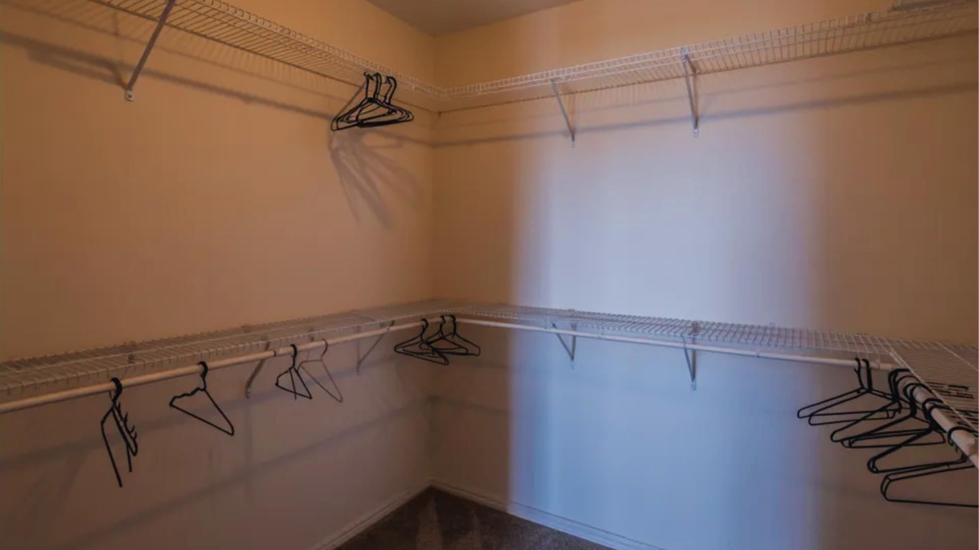 Empty walk-in closet corner showing wasted storage potential with unused space, poor organization, and clutter issues in modern home closet.