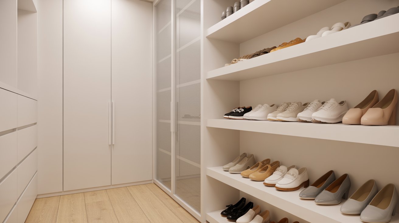 Minimalist closet with a small organized shoe collection arranged neatly on modern shelves.