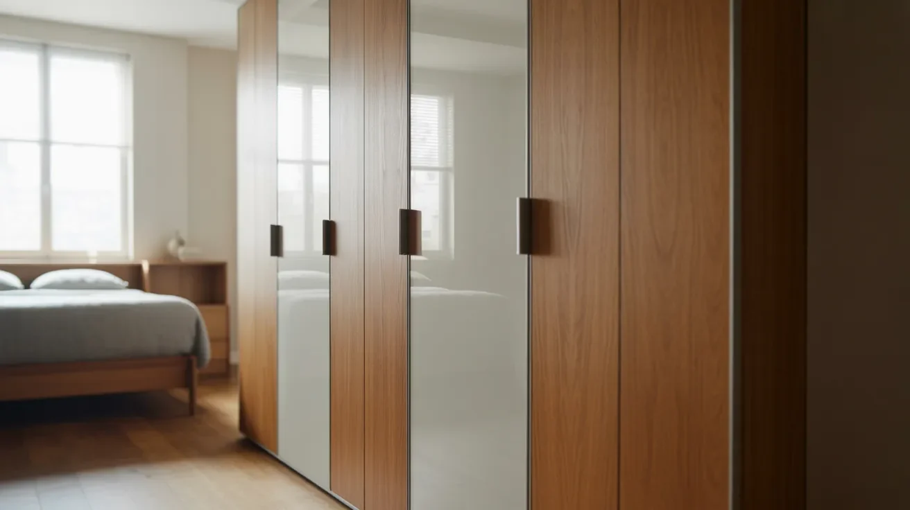 Wardrobe closet with closed doors in wood and glass showing clean design and organized storage in bedroom space.