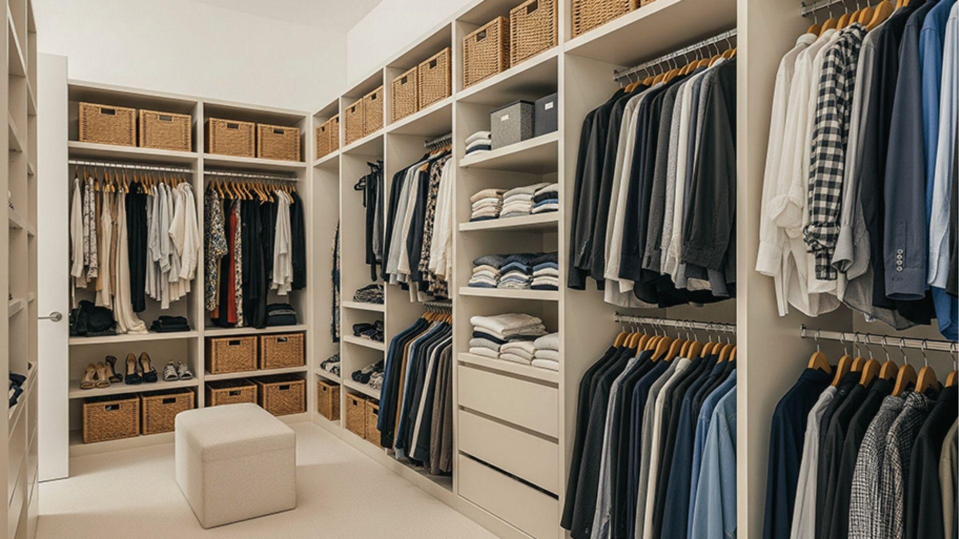 Walk in closet with double hanging rods uses 24 inch depth to store shirts and pants side by side.