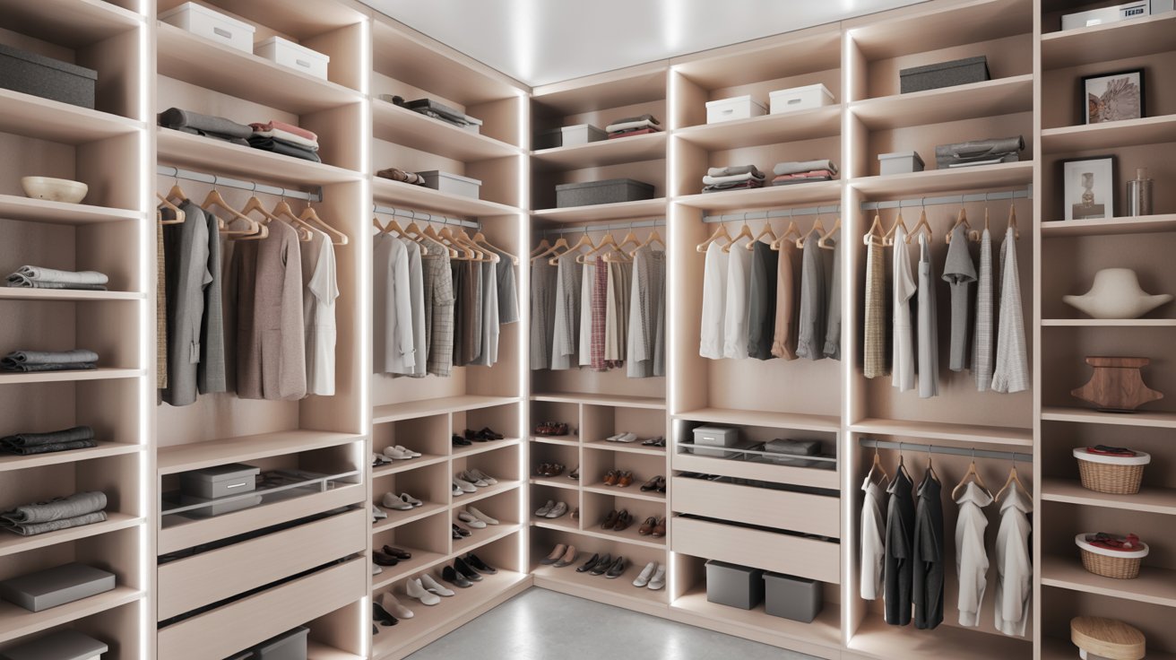 Small shared closet with vertical storage, sliding doors, and efficient modern organization design.