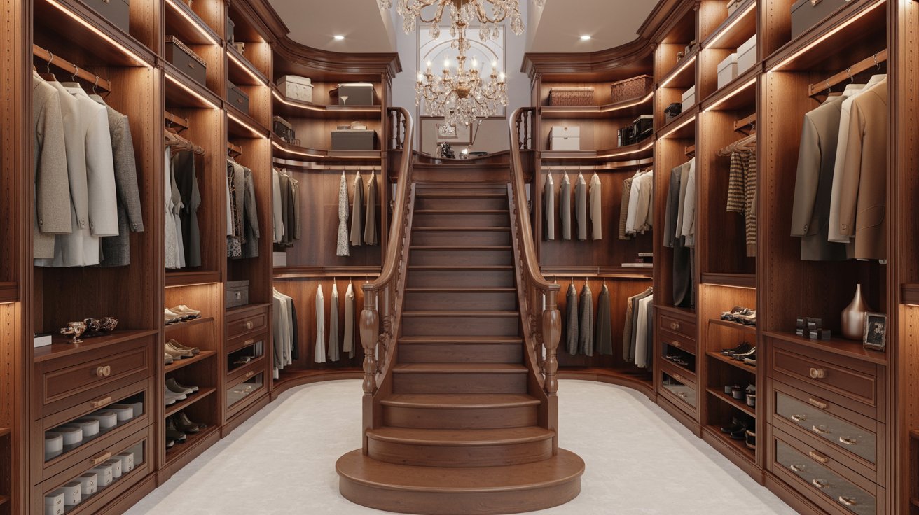 Classic wooden two-story closet with walnut finishes, elegant staircase, and warm luxury interior atmosphere