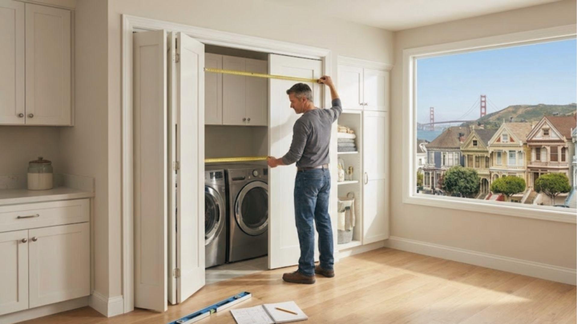 The man measures the laundry closet with white bifold doors open, showing the washer dryer inside.